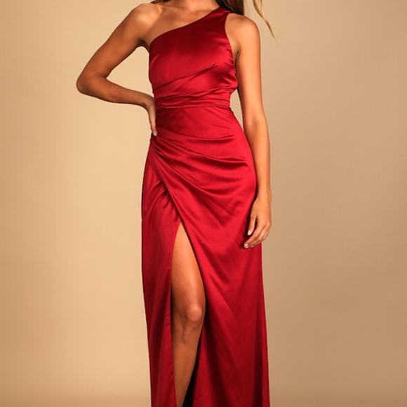 Lulus Dresses & Skirts - Lulus Dreaming Of Elegance Wine Red Satin One-shoulder Maxi Dress - Size S